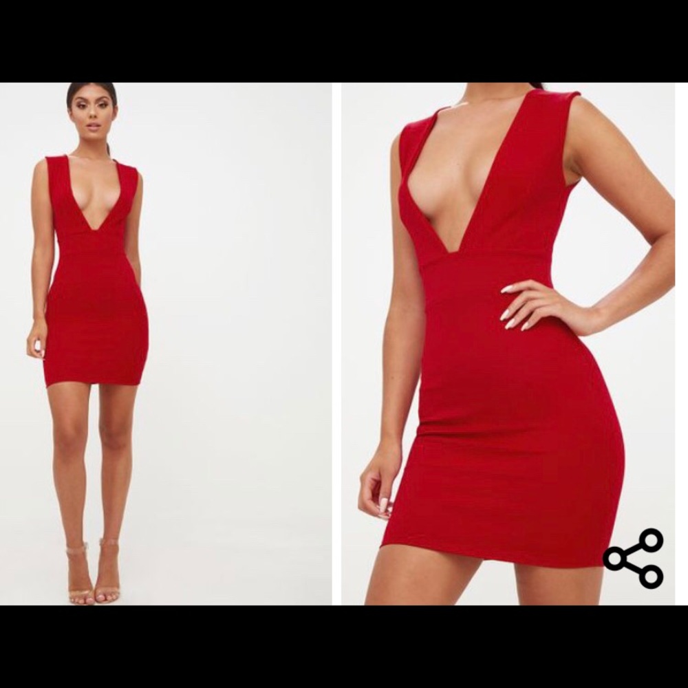 PrettyLittleThing Red Plunging Neck Bodycon Dress
